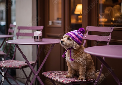 Small dog wearing a striped hat sits on a chair at an outdoor cafe