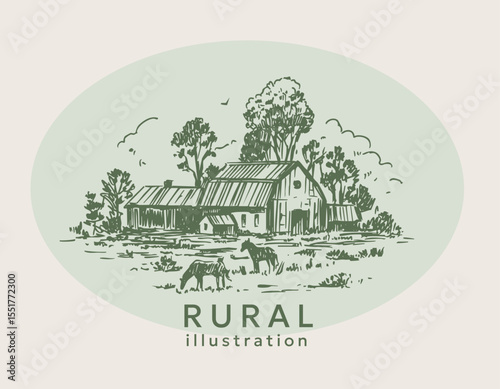 Rural landscape, hand drawn sketch, realistic vector illustration