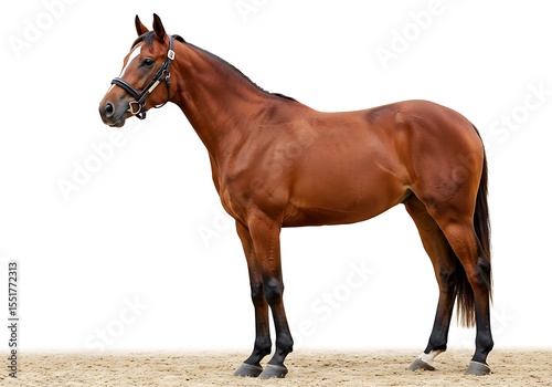 Brown horse standing isolated on white background in a studio shot