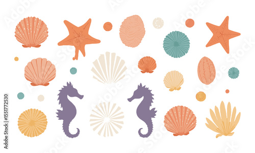 scalable vector illustration featuring a curated collection of colorful seashells, starfish, sand dollars, sea urchins, and seahorses, easily editable and scalable.