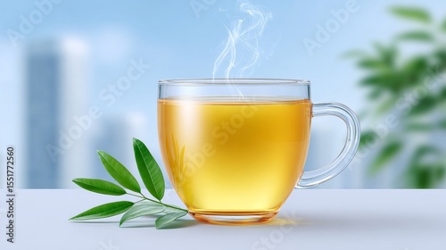 Steaming mug of tea with vapor trails urban setting beverage photography bright environment close-up view relaxation concept