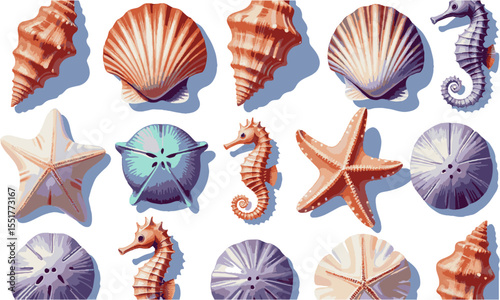 scalable vector illustration featuring a curated collection of colorful seashells, starfish, sand dollars, sea urchins, and seahorses, easily editable and scalable.