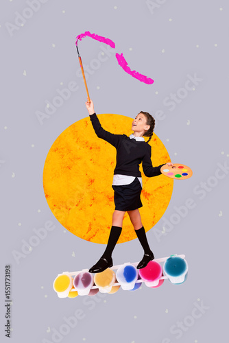 Trend artwork composite banner 3D photo collage of young schoolgirl arts walk hold brash paint coloring back school lesson pupil fall
