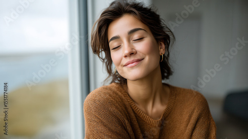 A close-up portrait of a person sitting by a large window bathed in soft natural light Generative AI	
