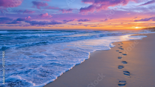 Artistic rendering of a peaceful sunset beach, vibrant hues of pink, coral, and gold across the sky, a lone path of footprints disappearing into the distance near the edge of foamy
