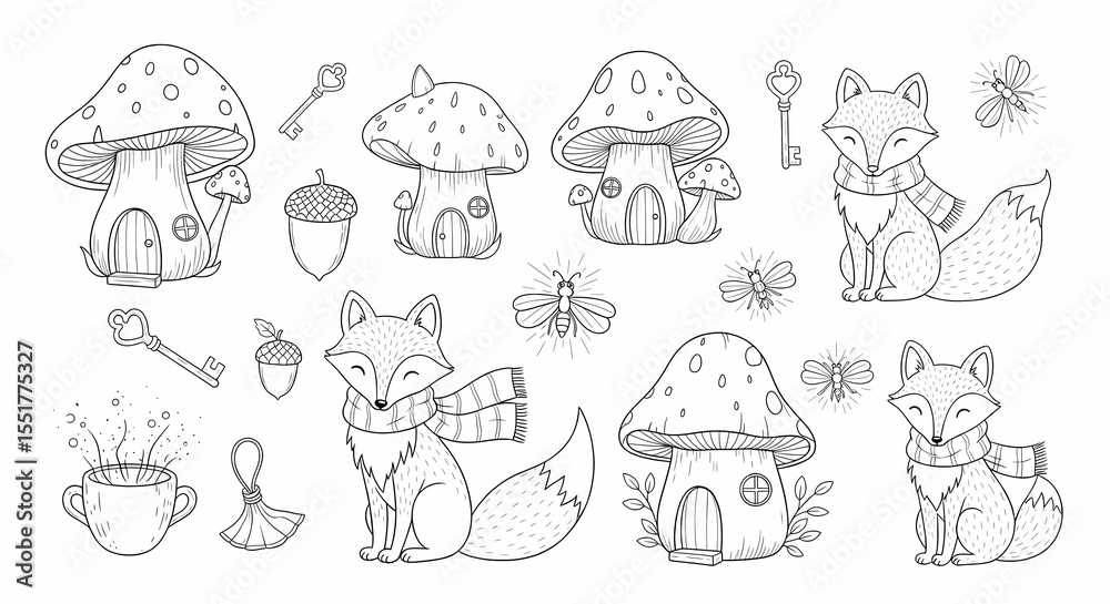 Obraz premium Set of hand drawn whimsical illustrations of woodland creatures and magical items. Doodle drawings of foxes with scarves, toadstool houses, acorn cups, tiny keys, and glowing fireflies. Storybook line