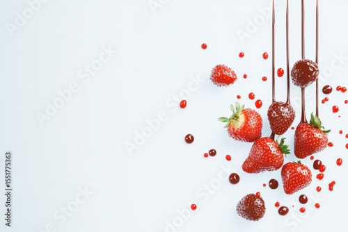 A white background with a bunch of strawberries and chocolate drizzled on top. , with ample copy space for text.