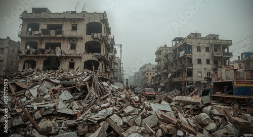 City center devastated by shelling with collapsed buildings and fire