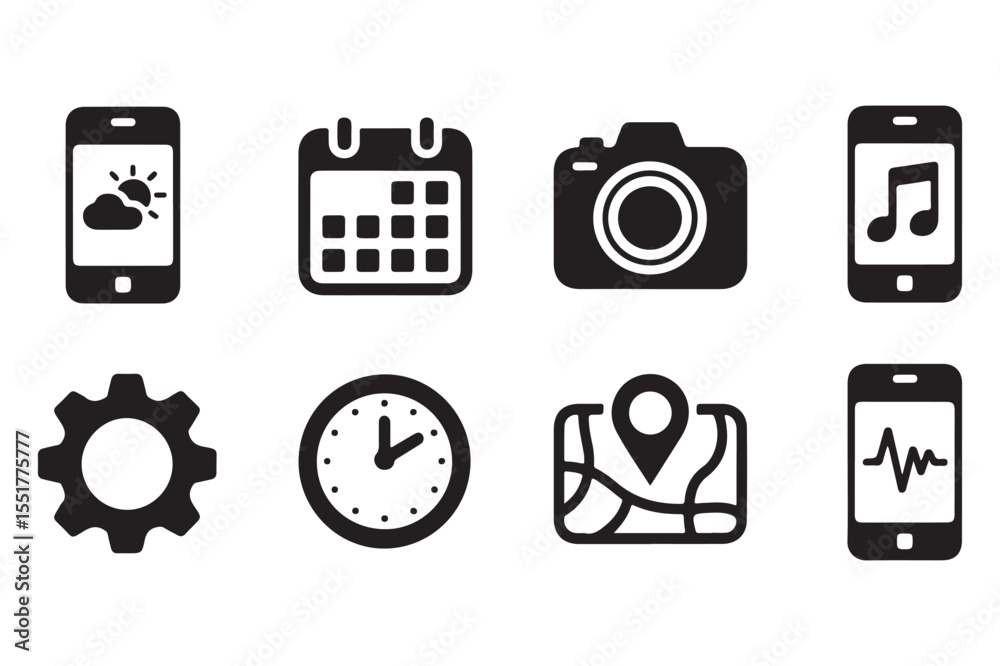 Naklejka premium Essential Mobile App Icons Weather, Calendar, Camera, Music, Settings, Clock, Map, and Health