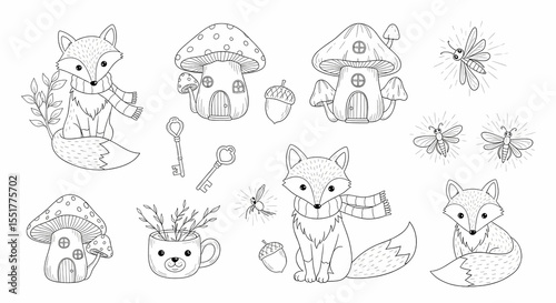 Set of hand drawn whimsical illustrations of woodland creatures and magical items. Doodle drawings of foxes with scarves, toadstool houses, acorn cups, tiny keys, and glowing fireflies. Storybook line