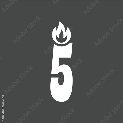 Minimalist Number Five Candle Icon with Flame on Dark Background