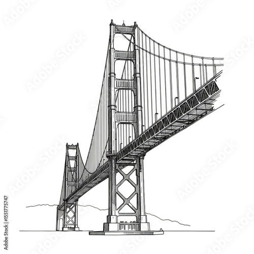 Isolated Illustration of an Iconic Suspension Bridge with Black and White Color