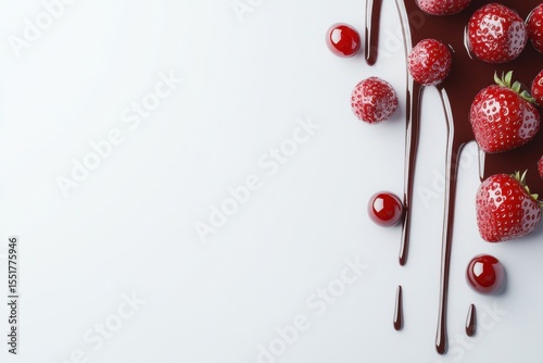 A white background with a bunch of strawberries and chocolate drizzled on top. , with ample copy space for text.