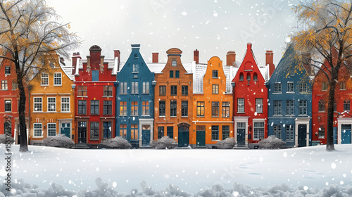 European colorful houses along winter snowy street, minimalist style flat art design landscape