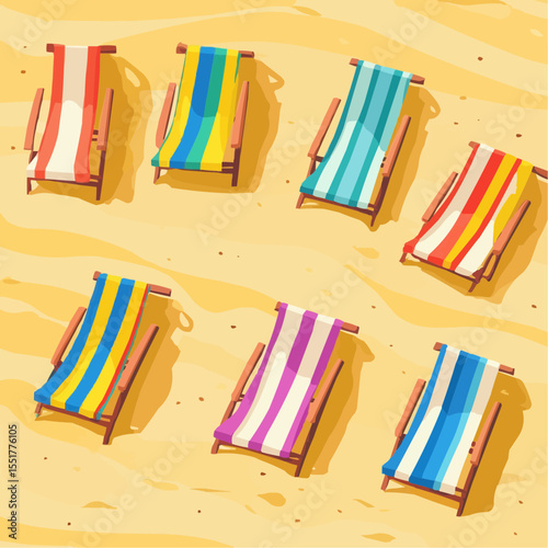 flat naive top-down illustration of colorful striped beach loungers arranged on yellow sand, great for summer prints, travel packaging and coastal-themed design