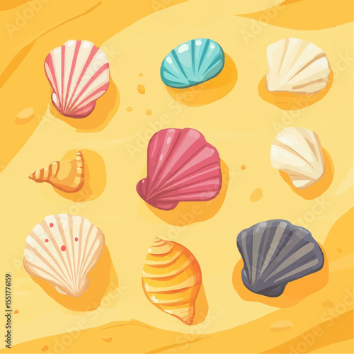flat naive top-down illustration of simple colorful seashells on yellow sand drawn like child art, ideal for children’s design, summer prints and packaging