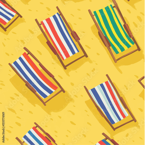 Flat vector illustration of striped beach loungers on sand, great for summer prints, travel packaging and coastal-themed design