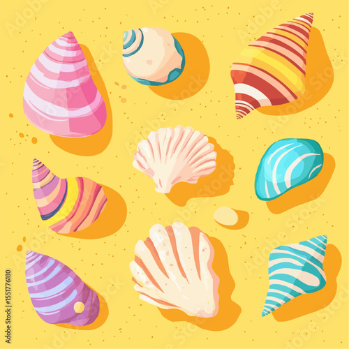 Flat vector background of naive cartoon seashells on yellow sand, ideal for children’s design, summer prints and packaging