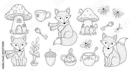 Set of hand drawn whimsical illustrations of woodland creatures and magical items. Doodle drawings of foxes with scarves, toadstool houses, acorn cups, tiny keys, and glowing fireflies. Storybook line