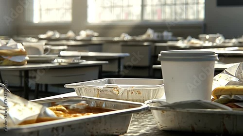 Abandoned cafeteria with scattered food trays and coffee cups, sunlight streaming through windows