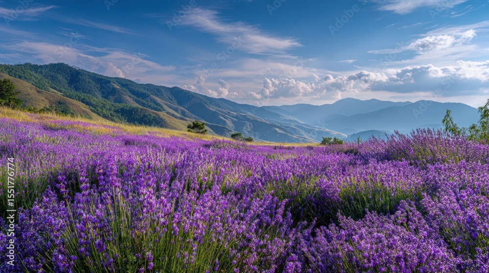 Obraz premium Serene Lavender Field in Mountain Landscape Stunning Purple Flowers and Rolling Hills under a Blue Sky