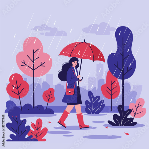 Vector illustration of a business woman wearing an umbrella in the pouring rain in the city