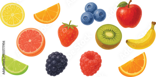Watercolor Nutritious Fruits Collection  Hand-Painted Assorted Healthy Fruit Set for Organic Food and Wellness-Themed Designs | Generative AI