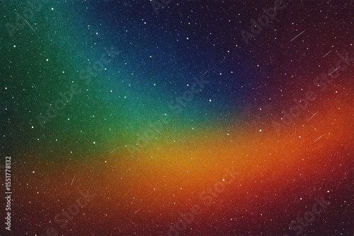 A vibrant cosmic sky with a gradient of green, blue, and orange hues, dotted with stars and streaking meteors, evoking a mesmerizing night space scene