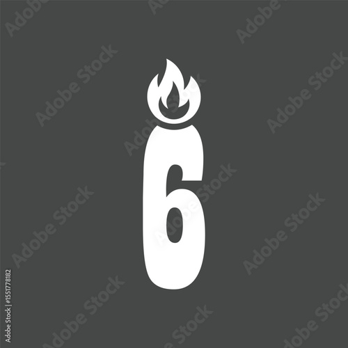 Minimalist Number Six Candle Icon with Flame on Dark Background