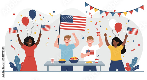 Cartoon American people celebrating Independence day 4th of July USA, vector illustration