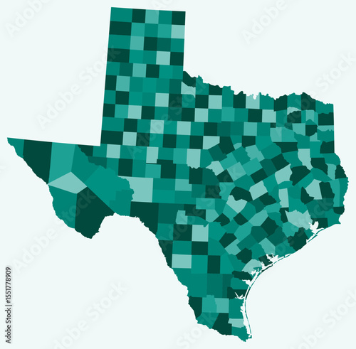 Map of Texas with counties. A simple state border map with county divisions in a teal color palette. A blank State of Texas shape with administrative divisions. Vector illustration.