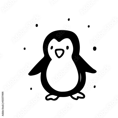 Charming vector illustration of a cute penguin in black and white, perfect for winter-themed designs, children's books, and holiday decorations. Playful, minimalistic, and trendy.