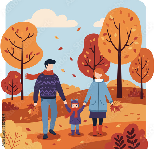 Vector illustration of a happy family walking in the park during fall.