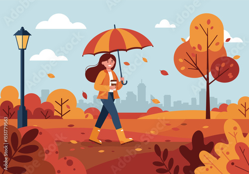 Vector illustration of a woman walking with an umbrella in autumn