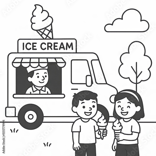 Children Eating Ice Cream from Truck Coloring Page