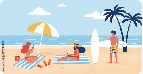 Vector illustration of people sunbathing and relaxing on the beach enjoying the summer season
