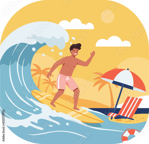 Summer vacation fun, people surfers riding waves