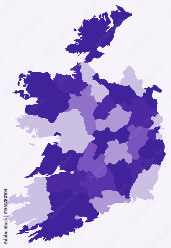 Naklejka premium Map of Ireland with regions. Just a simple country border map with region division. Deep purple color palette. Plain Ireland shape with administrative division. Vector illustration.
