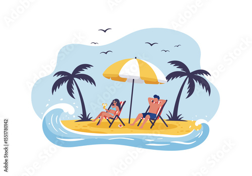 Tropical paradise beach with sun, palm trees, and the ocean, a couple enjoying the beauty of the sea, vector illustration
