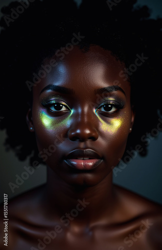 Radiant woman with holographic makeup and shimmering, glossy skin.