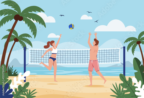 Vector illustration of a couple playing volleyball on the beach
