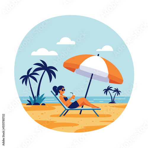 Tropical summer beach with an umbrella on the sand, palm trees, and the clear blue ocean under a sunny sky perfect for a relaxing island vacation