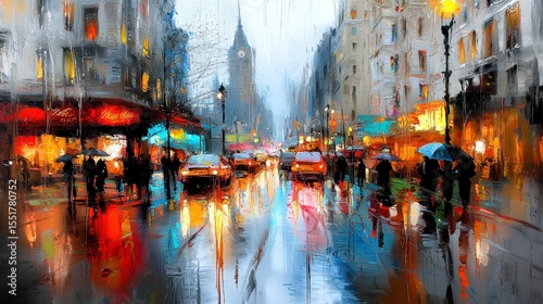 Rainy City Street at Night with Colorful Reflections