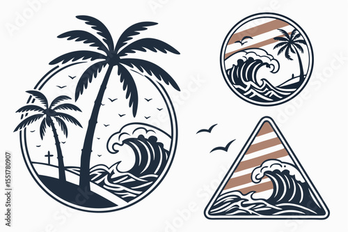 Tropical beach scene with palm trees and crashing waves in circular and geometric designs
