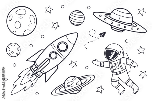 Whimsical outline illustration of space elements including rocket ship astronaut planets and ufo