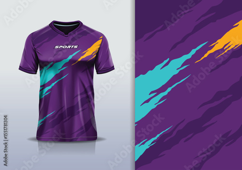 T-shirt mockup abstract texture grunge texture sport jersey design for football, soccer, racing, esports, running, purple blue orange color