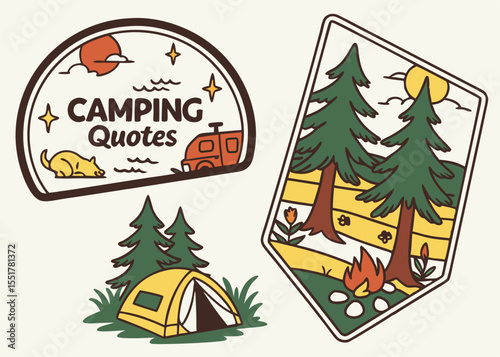 Set of vintage style camping badges and patches with nature and outdoor adventure themes