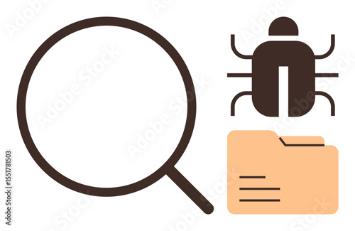 Magnifying glass examining bug and folder signifies system debugging, file analysis, or troubleshooting. Ideal for cybersecurity, software testing, quality control, problem resolution, data