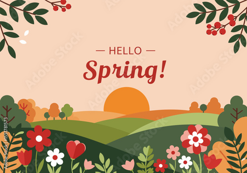 Vibrant spring landscape with a floral frame of blooming flowers, green grass, and sun, celebrating spring season