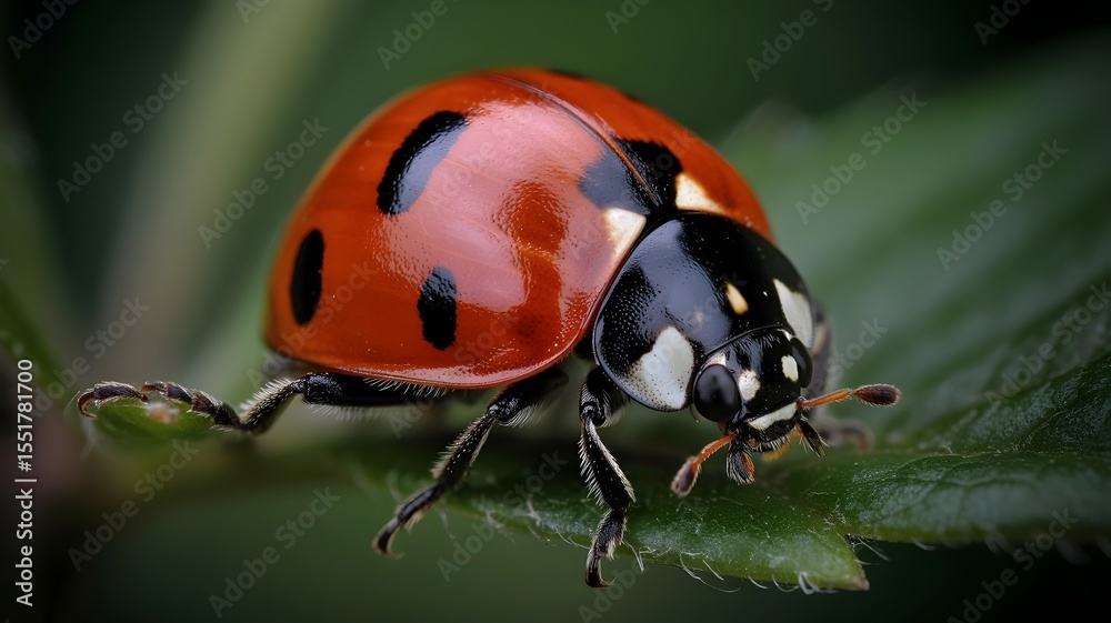 Fototapeta premium A ladybug gracefully perches on a leaf, showcasing its vibrant red and black spotted shell
